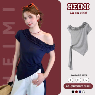  Áo Thun Lệch Vai Bèo Nhún HEIMI Áo Trễ Vai Vạt Chéo Thắt Nơ Chất Thun Cotton Mịn Co Giãn 