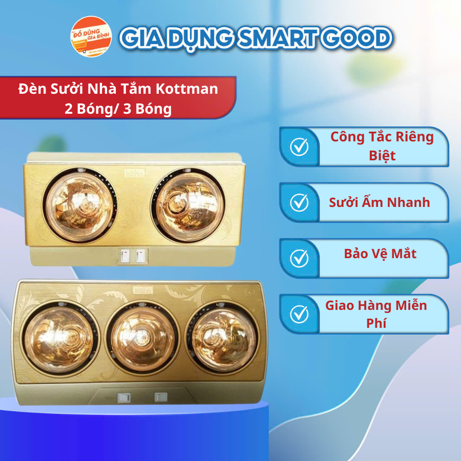 Đèn Sưởi Nhà Tắm Kotsman 2 Bóng Và 3 Bóng Nóng Siêu Nhanh, Chống Ẩm, Cách Điện, Chống Cháy Nổ