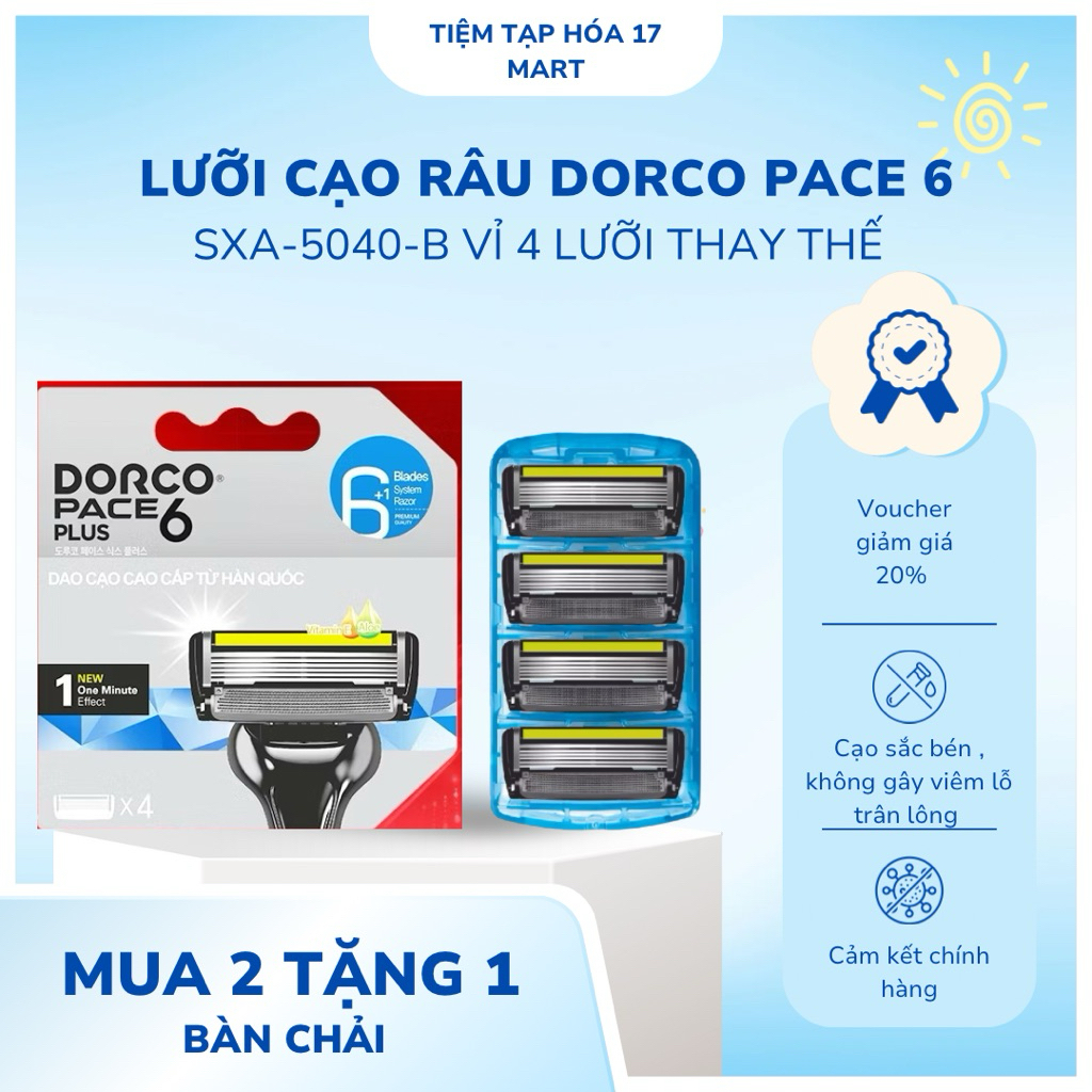 Đầu Cạo Râu Hàn Quốc 6 Lưỡi DORCO PACE 6 PLUS - SXA5040-B - Hộp 4 Đầu Cạo ( Chính Hãng )