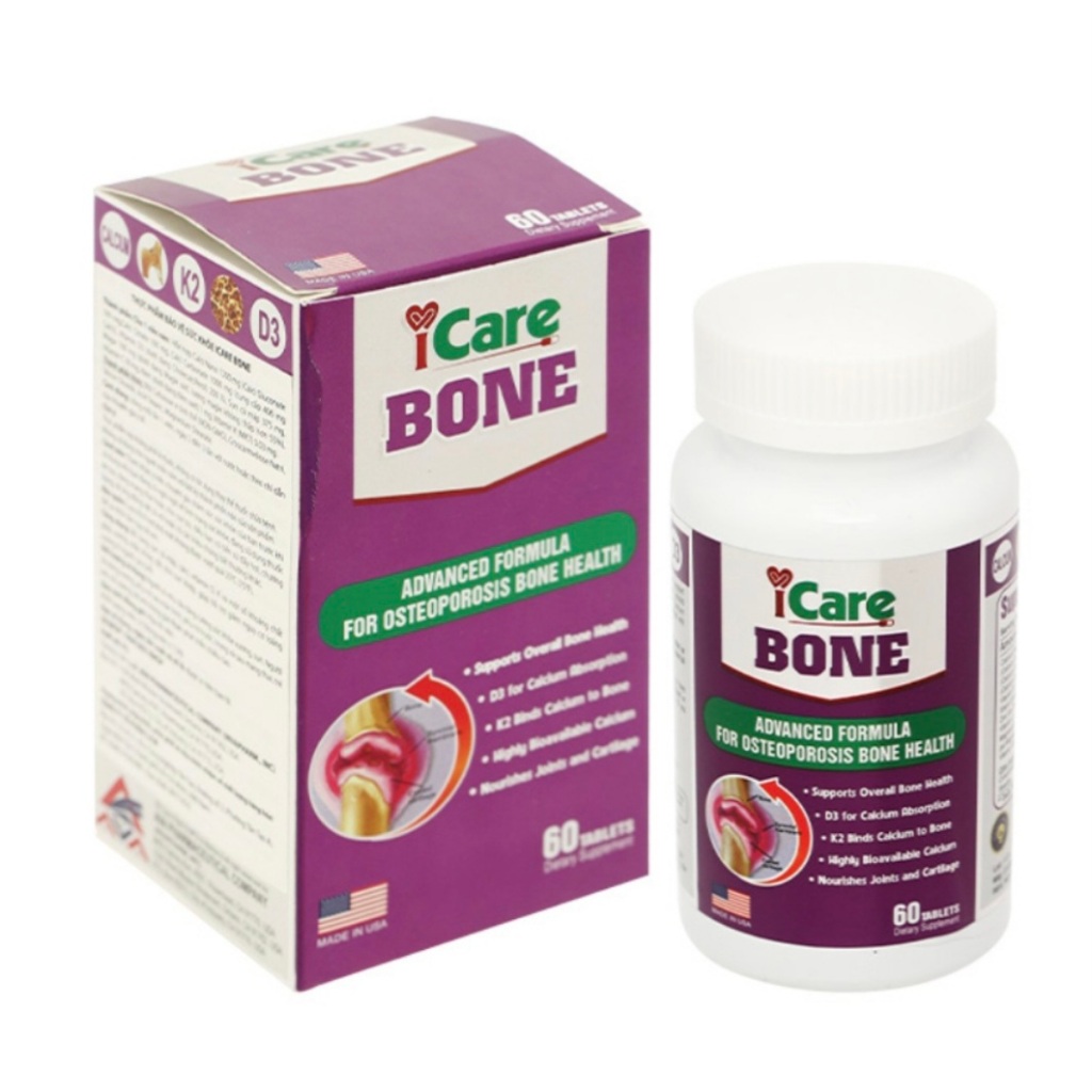 ICare Bone Mỹ – Bổ Sung Canxi, Vitamin D3 K2, Magie, Hỗ Trợ Xương Khớp Chắc Khỏe, Giảm Nguy Cơ Loãng