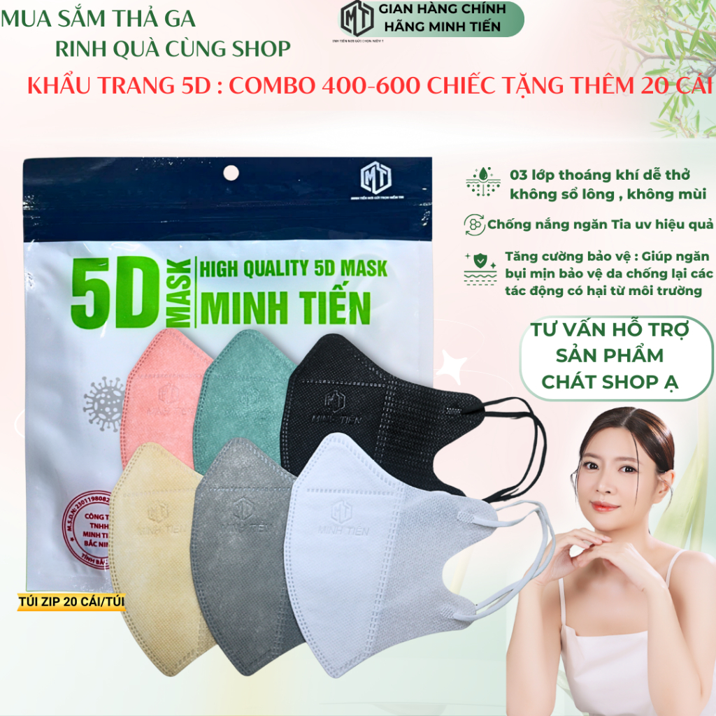 5D Khẩu Trang 600 Chiếc (Tặng 20c ) & 400 (Tặng 10c ) MINH TIẾN 3 Lớp Không Mùi Ko Sổ Lông Ngăn Bụi