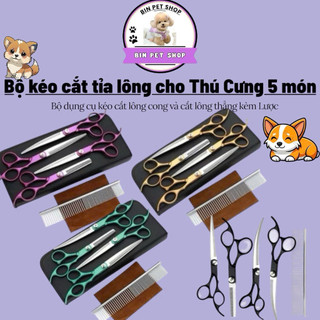 Bộ kéo cắt tỉa lông cho Thú Cưng 5 món Bộ dụng cụ kéo cắt lông cong và cắt lông thẳng kèm Lược