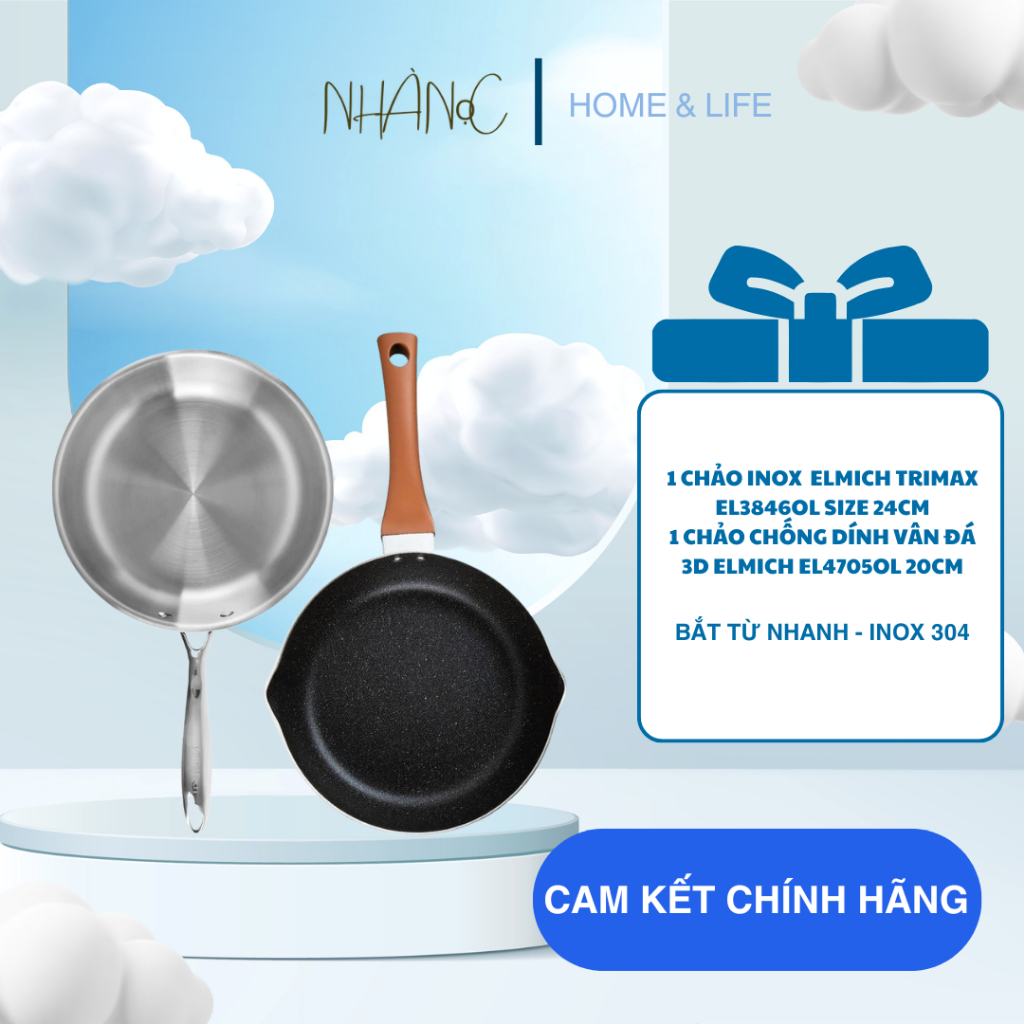 Combo Chảo inox 3 lớp liền khối Elmich Trimax EL 3846OL size 24cm và chảo chống dính vân đá 3D Elmic