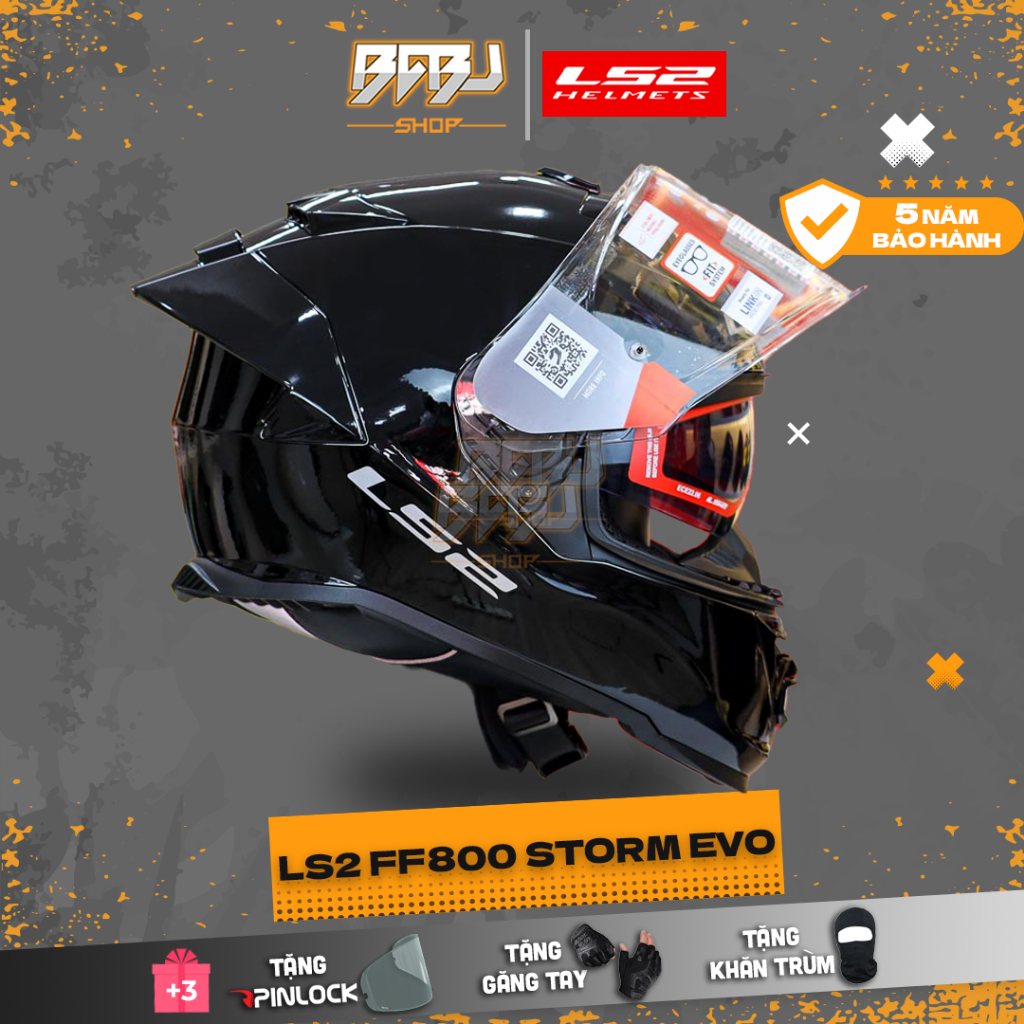 Combo Mũ Fullface LS2 FF800 Đen Bóng Độ Đuôi Gió – Chuẩn An Toàn ECE 22.06