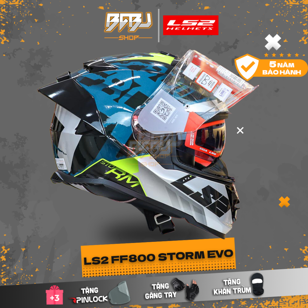 Combo Mũ Fullface LS2 FF800 EVO Sprinter Đen Xanh Bạc Đuôi Gió Dài – Chuẩn An Toàn ECE 22.06