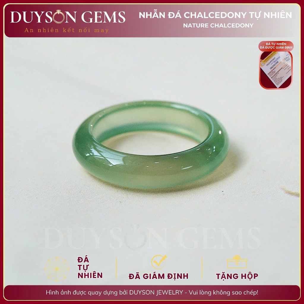Nhẫn khối Chalcedony tự nhiên màu Xanh Mint chất băng – Khởi quang | Duyson Gems