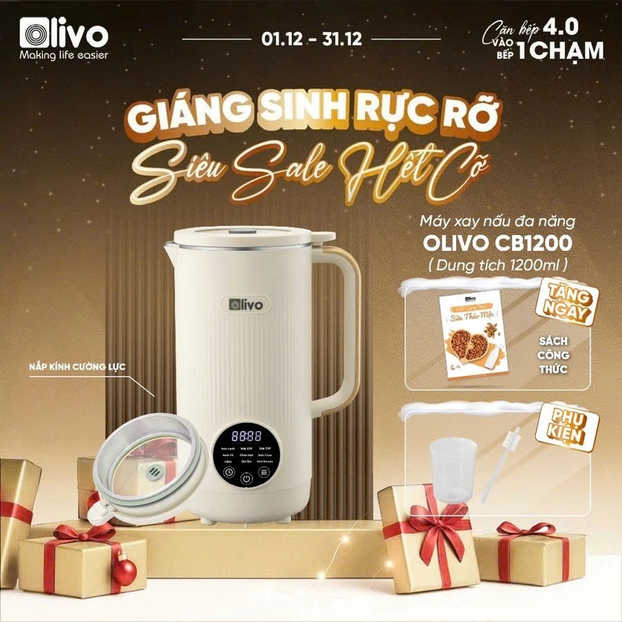 Máy Làm Sữa Hạt OLIVO CB1200 Xay Nấu Đa Năng, Dung Tích 1200ML