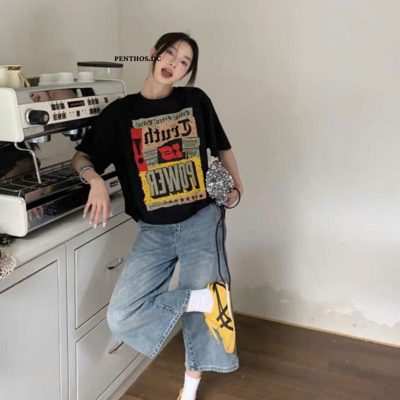 Áo thun Nữ Ngắn tay PENTHOS, Áo thun cotton 100% 280gsm áo thun form rộng boxy size tới 85kg