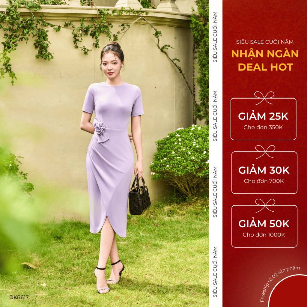 Đầm tím ôm body dài sang trọng hoa eo xếp ly thanh lịch công sở dự tiệc GEMMI, DK8863