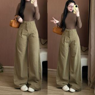 Quần jeans nữ trơn Joolate ống suông rộng xếp ly che khuyết điểm chất denim mền cao cấp