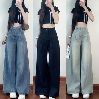 Quần jeans nữ trơn Joolate ống suông rộng xếp ly che khuyết điểm chất denim mền cao cấp
