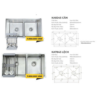Chậu rửa bát âm bàn 2 hố SUS304