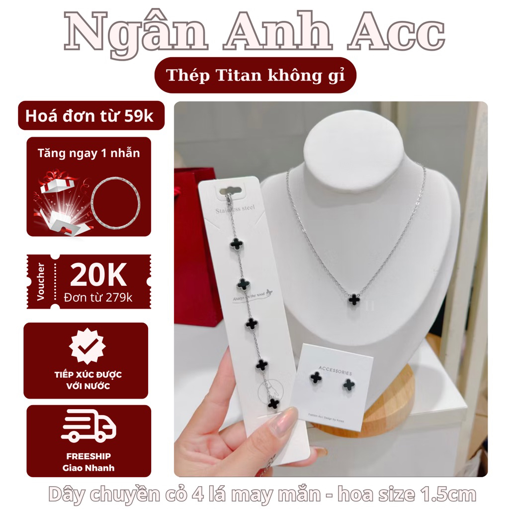 Set vòng cỏ 4 lá bạc titan không gỉ, khuyên tai, lắc tay cỏ bốn lá hai mặt đen, vòng cổ nữ phụ kiện trang sức Ngân Anh