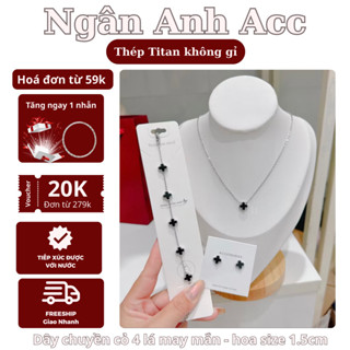 Set vòng cỏ 4 lá bạc titan không gỉ, khuyên tai, lắc tay cỏ bốn lá hai mặt đen, vòng cổ nữ phụ kiện trang sức Ngân Anh
