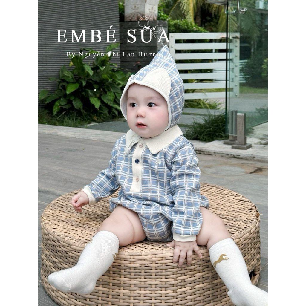 Set ettoi rmk tone xanh kẻ sọc kèm mũ cực đẹp cho bé