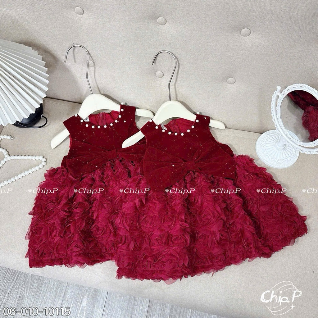 Váy Nhung Hoa hồng 6D cao cấp cho bé