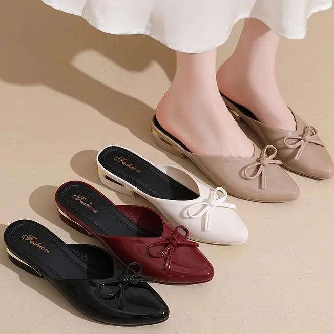 (sẵn hàng) Dép sục mũi nhọn gắn nơ sang chảnh - dép nữ thời trang công sở, chất PU mềm, không thấm nước, ZAZA dép xinh