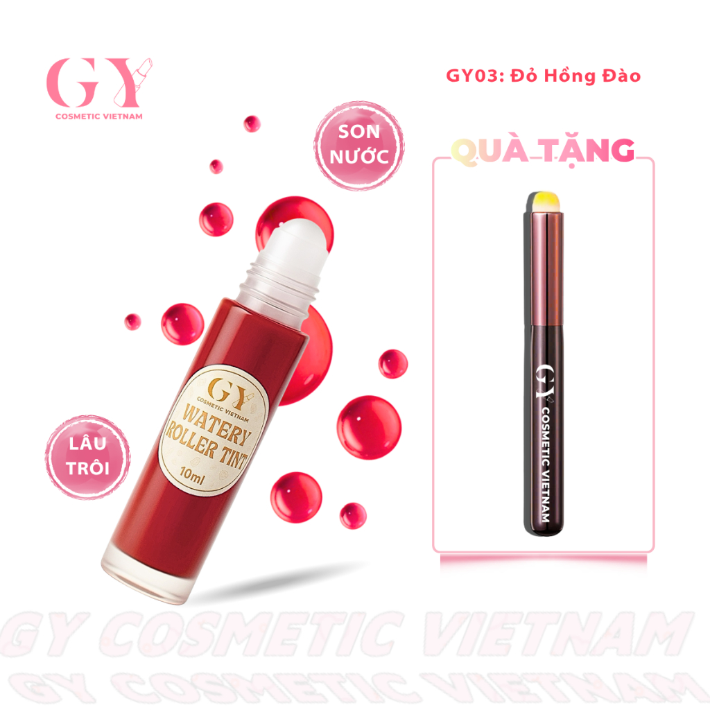 Son Tint Lì Bi Lăn Watery Roller Tint GY Cosmetic, Màu GY03 Đỏ Hồng Đào, Nhẹ Môi, Lâu Trôi, 10ml