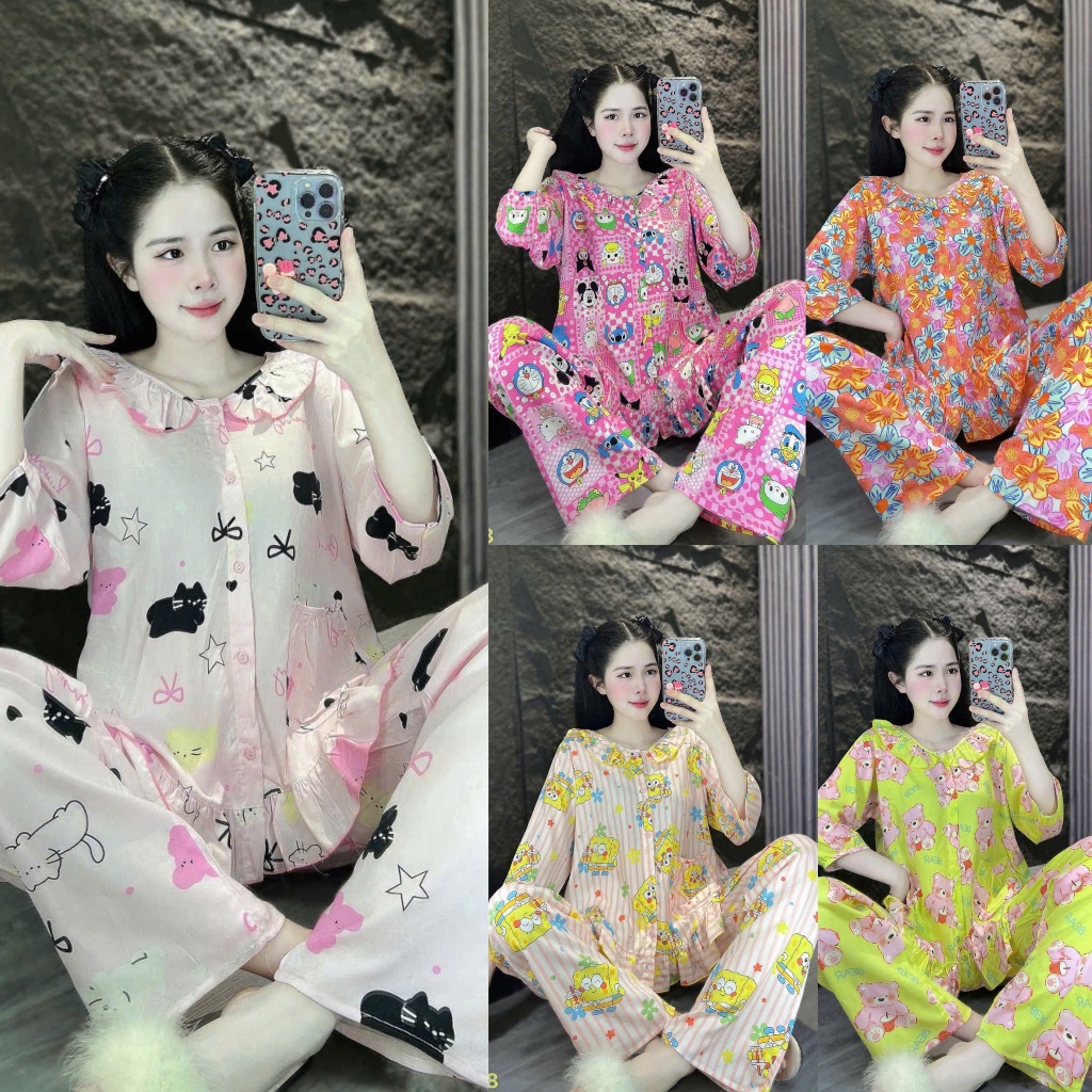 Đồ Bộ Tole Lanh Nữ Dài Cổ BèoTúi, Đồ Ngủ Cotton Bigsize Chất Liệu Mềm Mát Siêu Hút Mồ Hôi <75kg T01