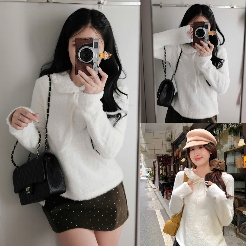 [A0.286] Áo Len Trắng Lông Thỏ Cổ Sen Bèo Mềm Mượt Siêu Xinh