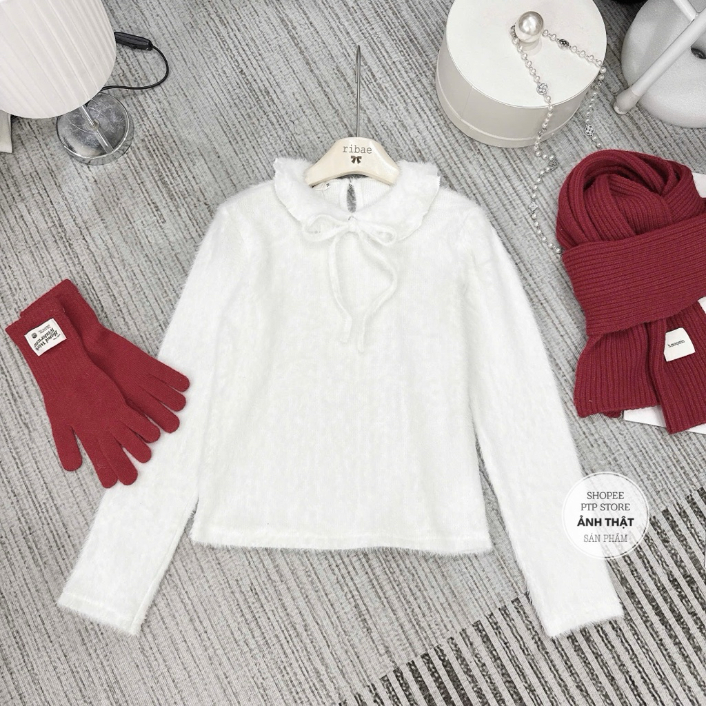 [A0.286] Áo Len Trắng Lông Thỏ Cổ Sen Bèo Mềm Mượt Siêu Xinh | BigBuy360 - bigbuy360.vn