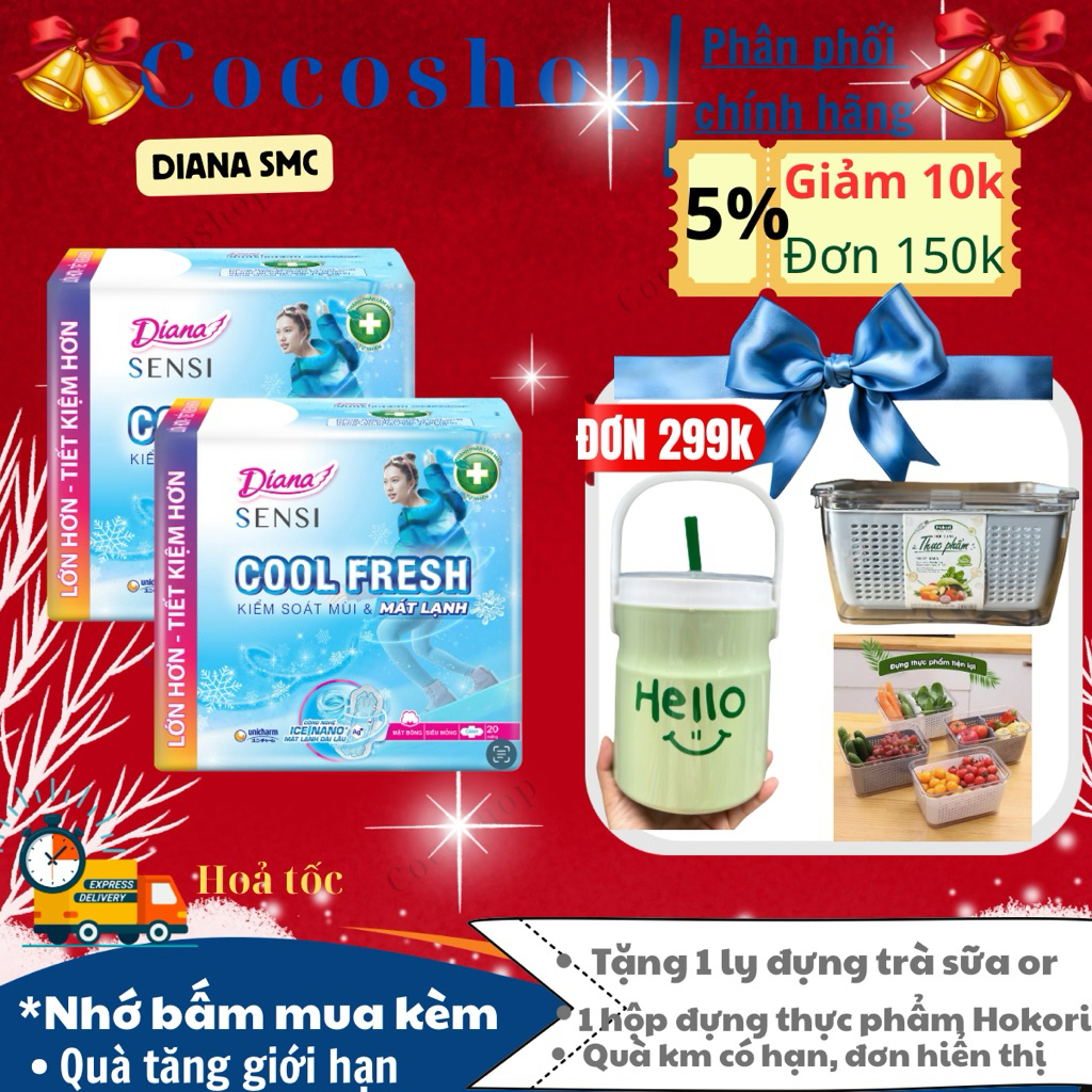 [LỐC 4 GÓI] Băng vệ sinh Diana Coolfresh siêu mỏng cánh 23cm 20 Miếng