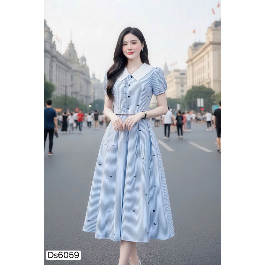 DS6059 Set váy thiết kế chéo Hàn gồm áo sơ mi tay bồng phối chân váy xếp ly, hoạ tiết nơ nhí thanh l