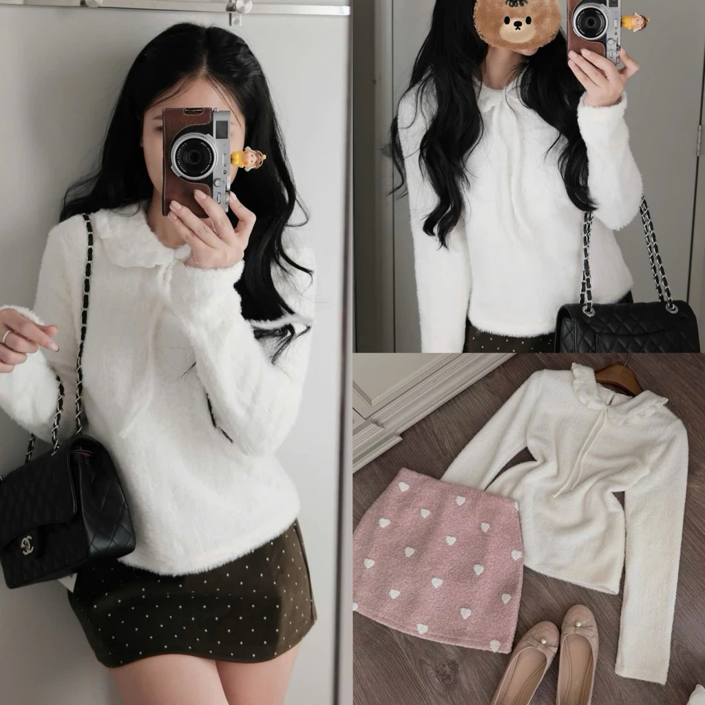 (Hàng Sẵn L1) Áo Thun Lông Mịn Cổ Bèo Nơ Tiểu Thư”Serena White” – Form Xinh Chuẩn Hàn dành Cho Nữ