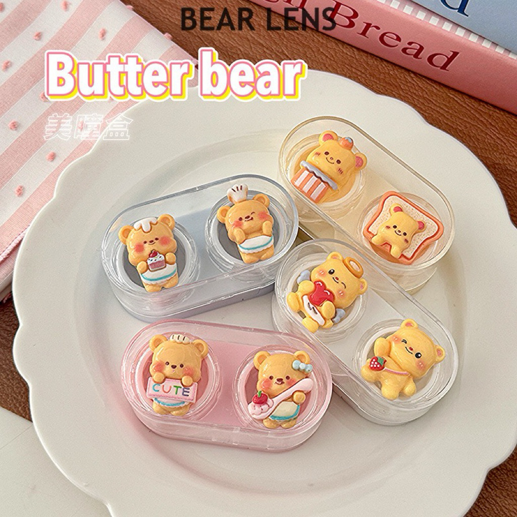 BEAR LENS Khay Đựng Lens Có Ngăn Hình Gấu Vàng Làm Bánh Kèm Dụng Cụ Đeo Lens