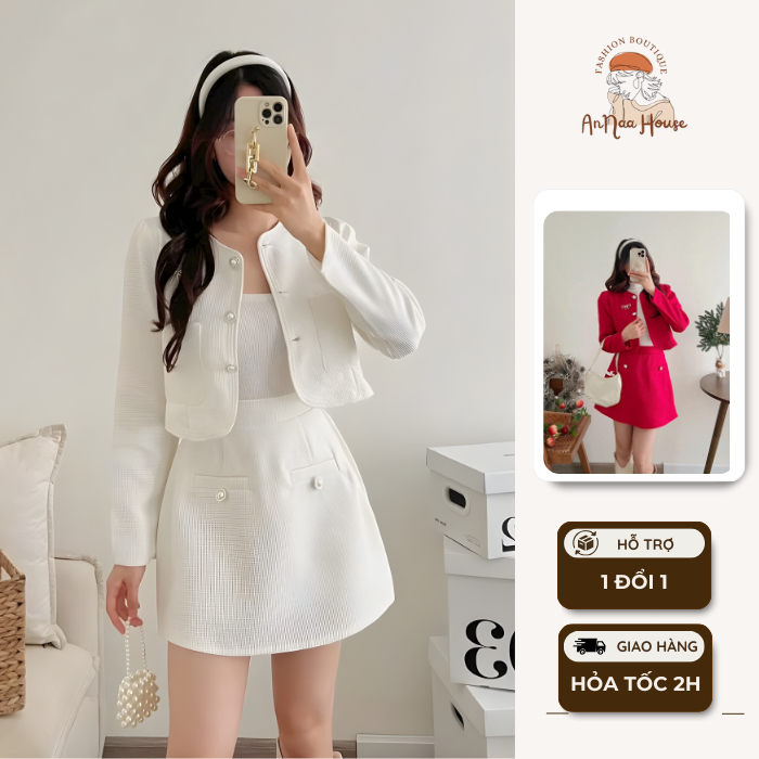 [CÓ TÁCH LẺ] Set áo dạ tweed cổ tàu croptop dài tay kèm chân váy tennis xếp ly ngắn Set đồ nữ áo kho