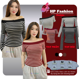  Áo thun trễ bệt vai dài tay sọc nữ chiết eo basic áo phông nữ ôm body vải mịn giãn 4 chiều noel tết có bigsize HP90 