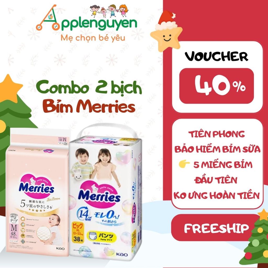 COMBO 2 BỊCH Tã/ Bỉm Quần/ Dán Merries Nội Địa NB82/S76/M60/M58/L50/XL44/xxl28