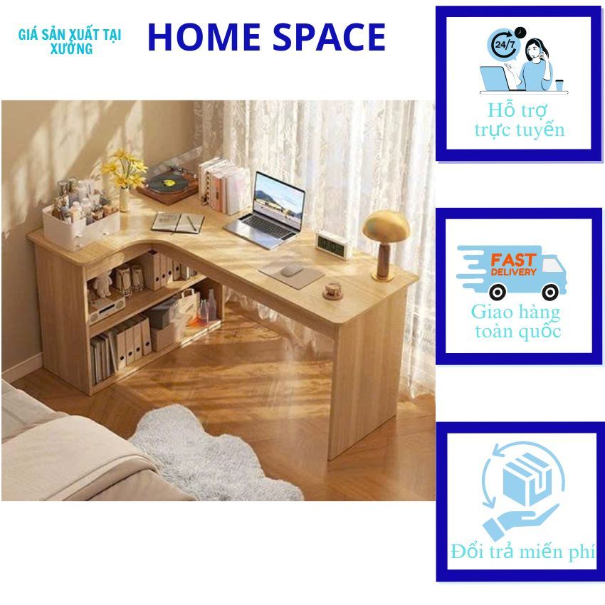 Bàn học chữ L, Bàn làm việc chữ L, Bàn làm việc có tủ, bàn học có kệ sách bằng gỗ 506