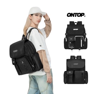 Balo nắp gập da và canvas đi học ONTOP nam nữ nhiều ngăn đen trơn đựng laptop local brand Renew Backpack | O-P024&O-P56 