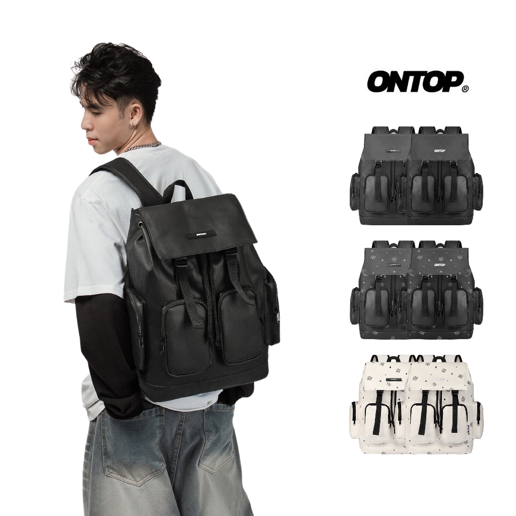 Balo local brand da nắp gập ONTOP chống nước, nhiều ngăn màu đen, kem đựng vừa laptop Level Backpack | O-P26 & O-P73