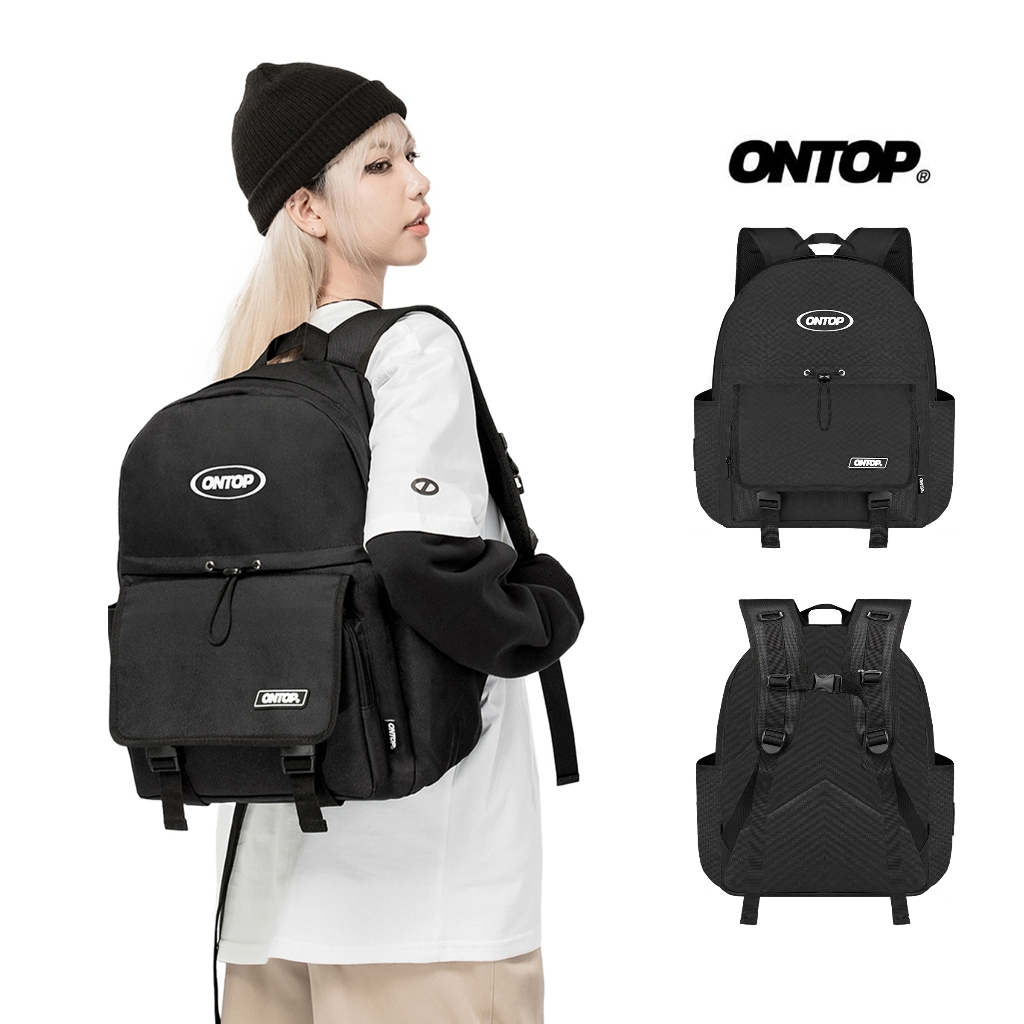 Balo đi học local brand ONTOP màu đen trơn nhiều ngăn dây rút đựng laptop Drawstring Backpack | O-P3