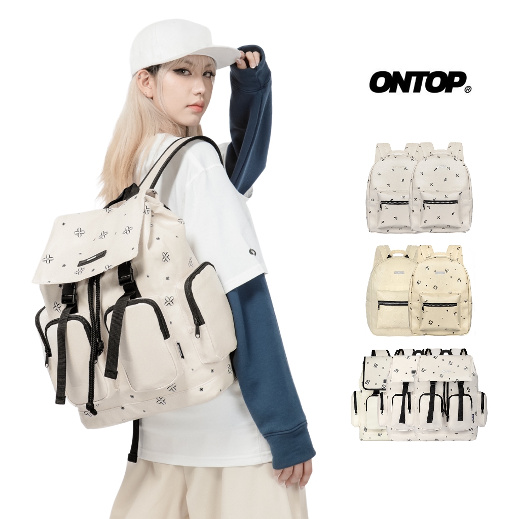 Balo da họa tiết màu kem monogram ONTOP chống nước, nhiều ngăn đi học | Cặp Level O-P10_O-P26