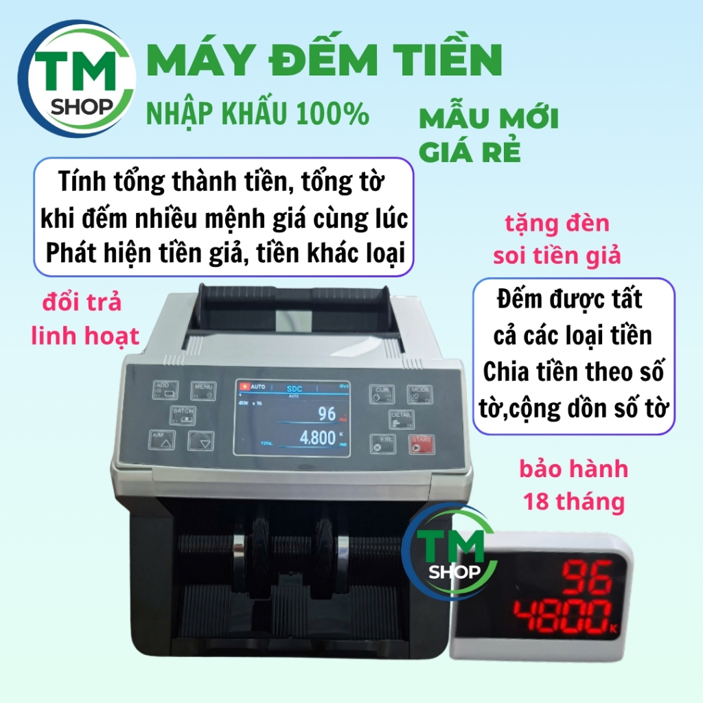Máy đếm tiền NHẬP KHẨU chức năng tính tổng tiền nhiều mệnh giá tiền polymer cùng lúc,kiểm giả