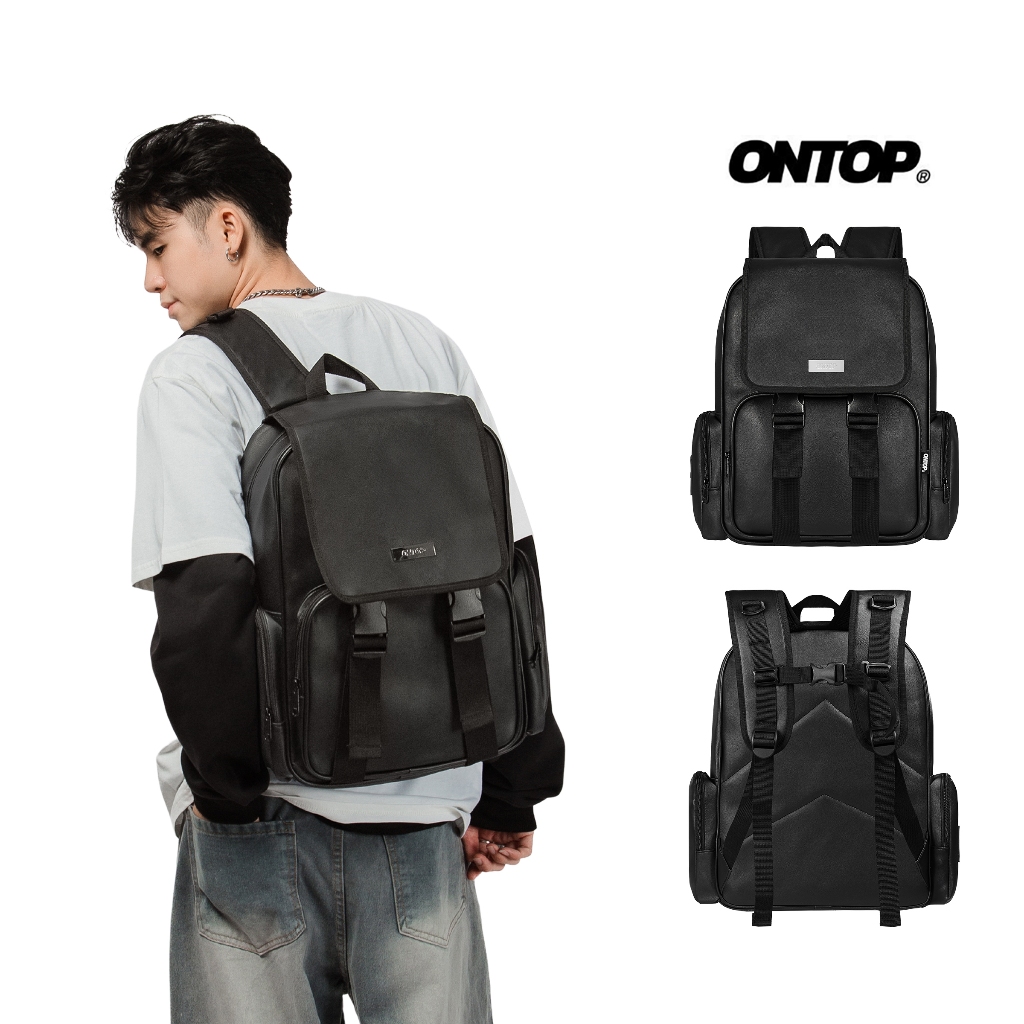 Balo da đen trơn nam nữ ONTOP chống nước nhiều ngăn đựng laptop local brand Big Buckle Backpack | O-