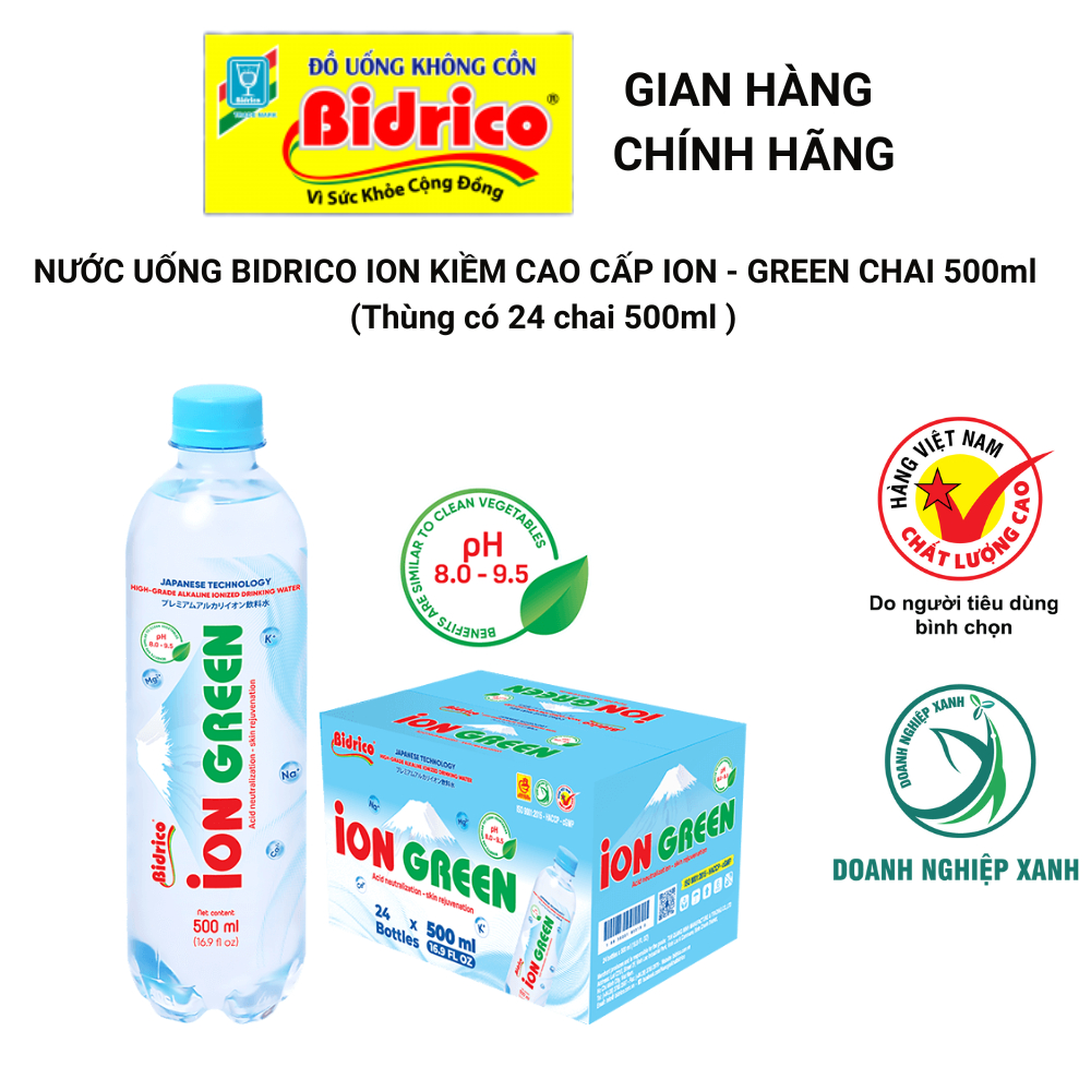 NƯỚC UỐNG BIDRICO ION KIỀM CAO CẤP ION GREEN CHAI 500ML ( Thùng 24 chai 500ml )