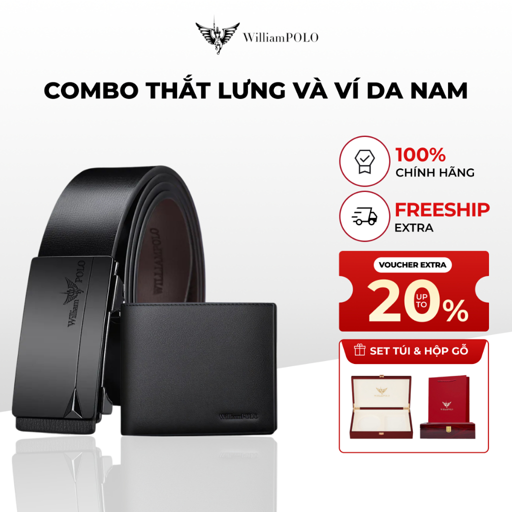 [Quà cao cấp] Combo ví và dây nịt nam da bò Williampolo chính hãng kèm hộp gỗ và túi quà sang trọng