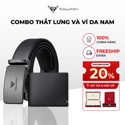 Combo ví và thắt lưng nam da WILLIAMPOLO chính hãng cao cấp kèm túi và hộp gỗ sang trọng POLO22160