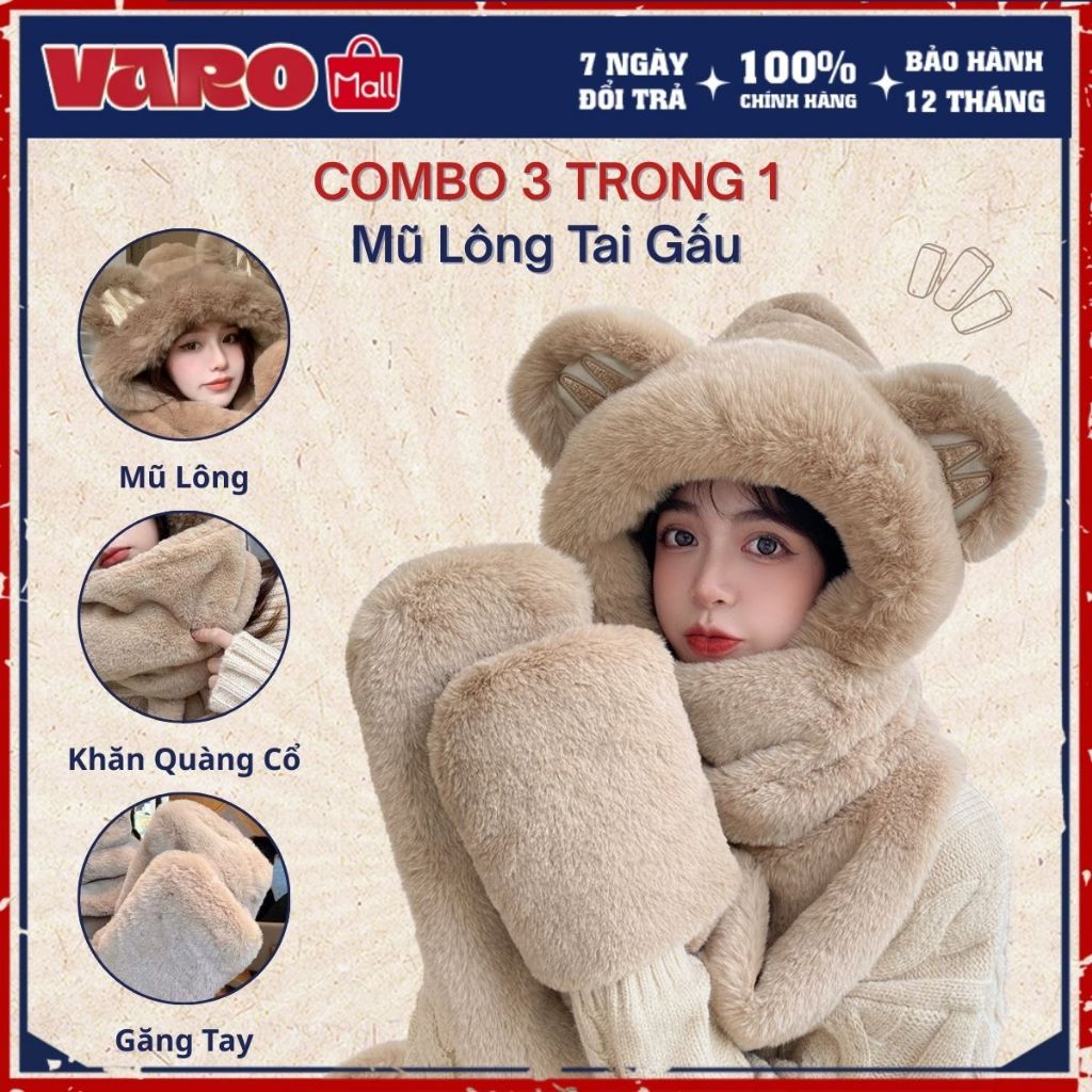 Combo 3in1 Mũ Lông Tai Gấu VARO – Kèm Khăn Quàng Cổ + Găng Tay – Lông Cừu Mềm Ấm – Dài 1m5 – Hàng Loại 1