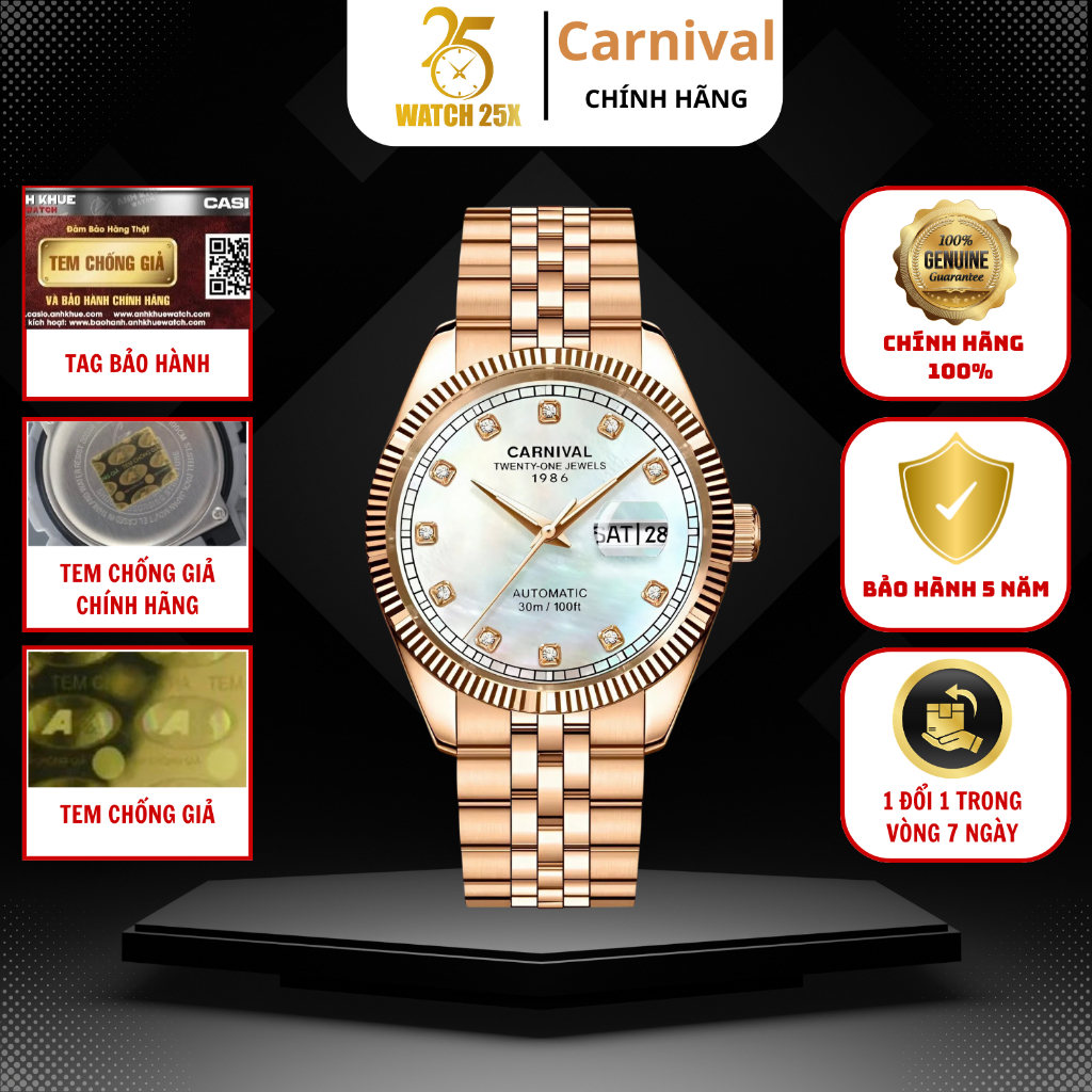 Đồng Hồ Cơ Nam Carnival 8131G-VH-TK Watch25x - Mạ Vàng Hồng, Mặt Xà Cừ Đính Đá, Vành Khía
