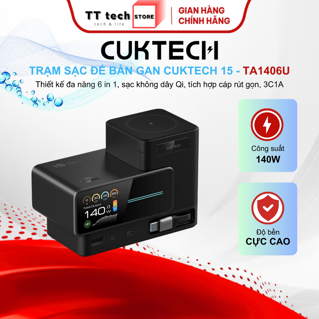 Trạm Sạc GaN CUKTECH 15 TA1406U Thiết Kế Đa Năng 6in1 140W, Màn Hình 1.83 Inch, Tích Hợp Cáp Type C