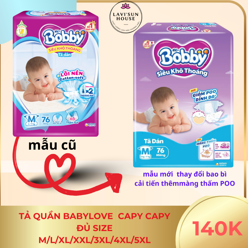 Tã dán Bobby size M 76miếng (6-11kg),S 80miếng (4-8kg)-siêu khô thoáng,thấm hút tốt, lõi nén cotton