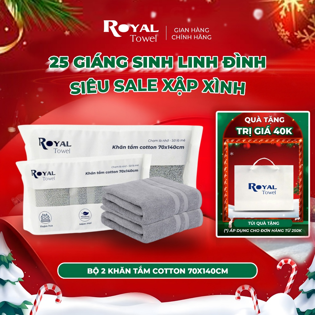 Bộ 2 khăn tắm to 70x140cm ROYAL TOWEL 100% cotton mềm mịn, thấm hút, bông dày dùng cho spa khách sạn gia đình
