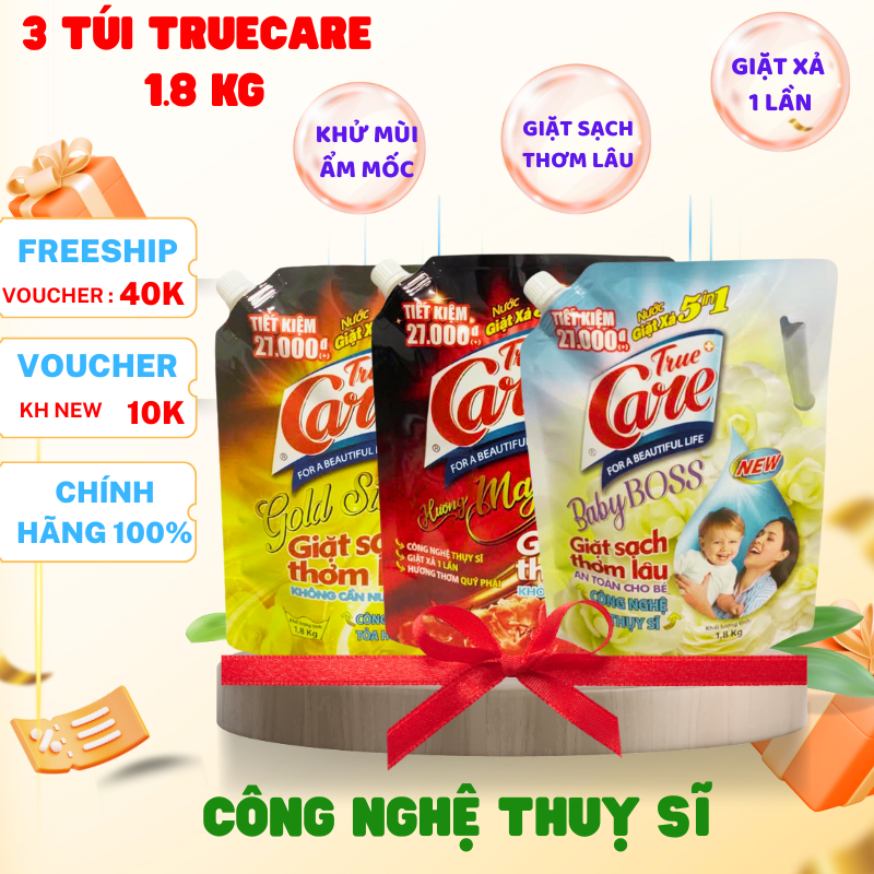 Combo 3 túi 1.8Kg( 5Kg4)  nước giặt xả True Care, Mr Care 3 mùi Majestic + Gold Silk+ BabyBoss