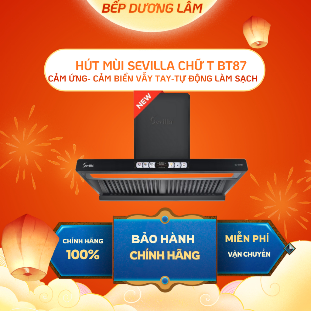 Hút mùi Sevilla BT87 | Hút mùi chữ T | Cảm ứng, cảm biến vẫy tay | Chế độ tự làm sạch | Hàng chính h