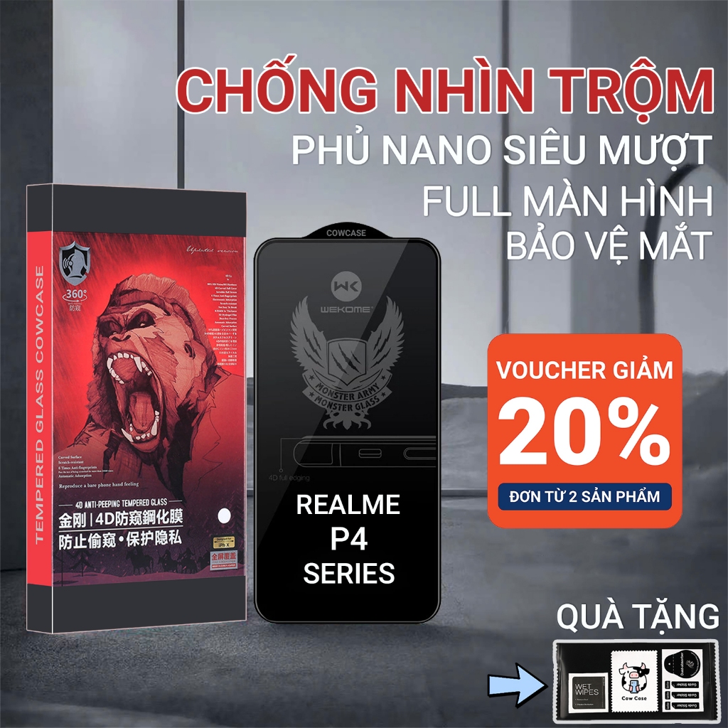 Cường lực Realme P4, P4 Pro, P4x Cow case chống nhìn trộm full màn | Miếng dán kính bảo vệ màn hình 
